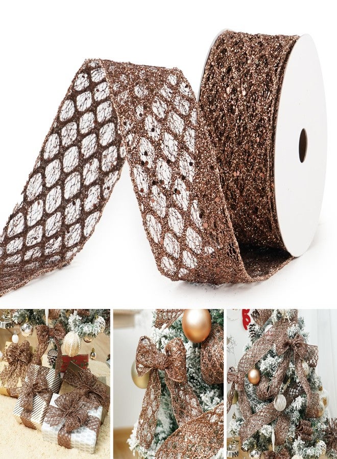 MAYREEL 2.5 Inch Brown Wired Ribbon Glitter Copper for Thanksgiving Christmas Decorations Gift Wrapping Wreath Supplies Tree Toppers 10 Yards - Image 1